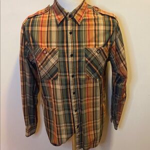 Casual Green and Orange Plaid Button Down Shirt